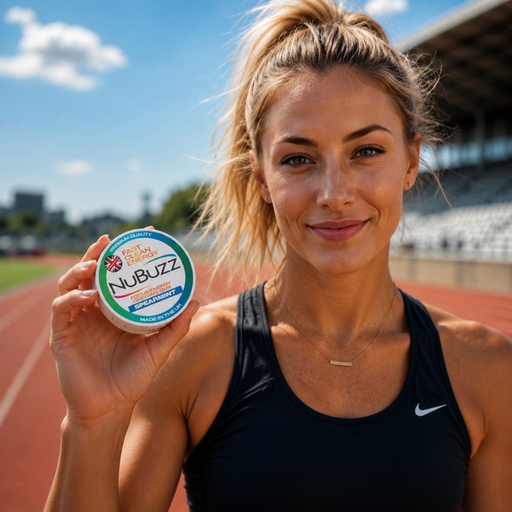 NuBuzz Focus - Female athlete holding a can of NuBuzz Energy Gum